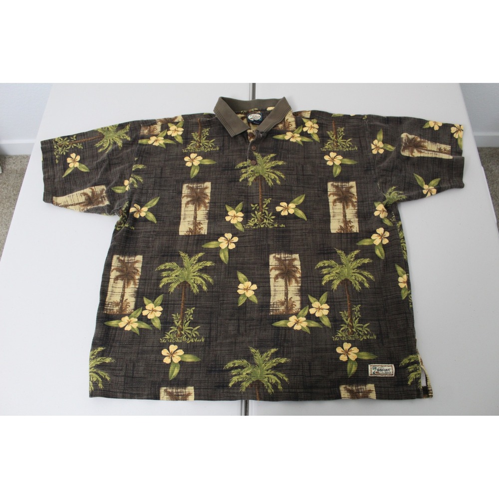 Tommy Bahama Mens XXL Brown Tropical Palm Tree Hibiscus Cotton Polo Shirt